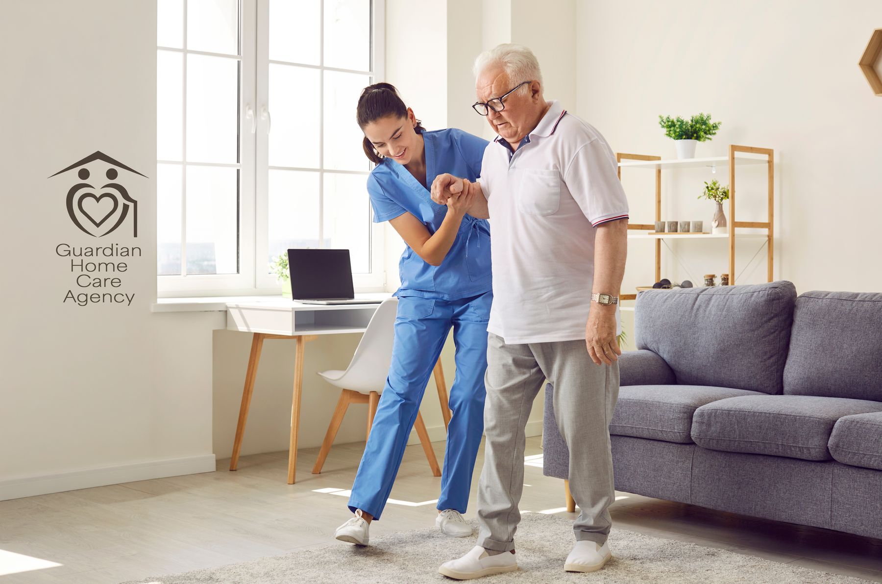 A uniformed Guardian caregiver helping a client walk safely at home