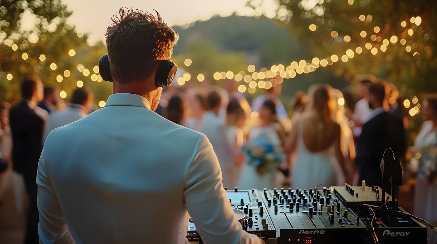 DJ overlooking a golden-hour outdoor celebration with string lights