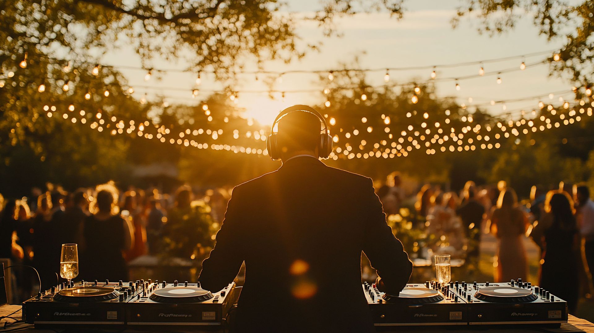 DJ performing under string lights at a sunset outdoor celebration