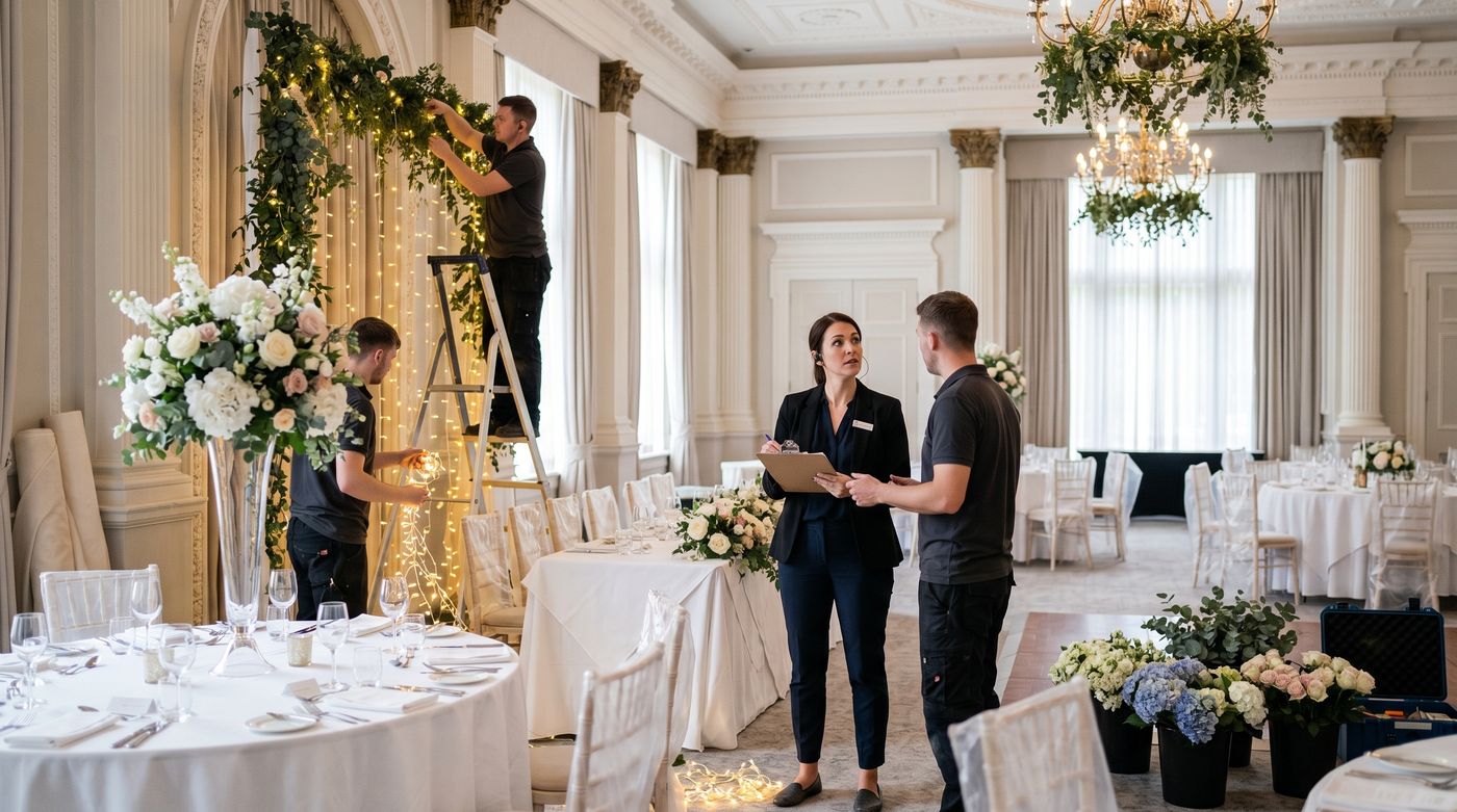 Event coordinator directing a ballroom setup crew