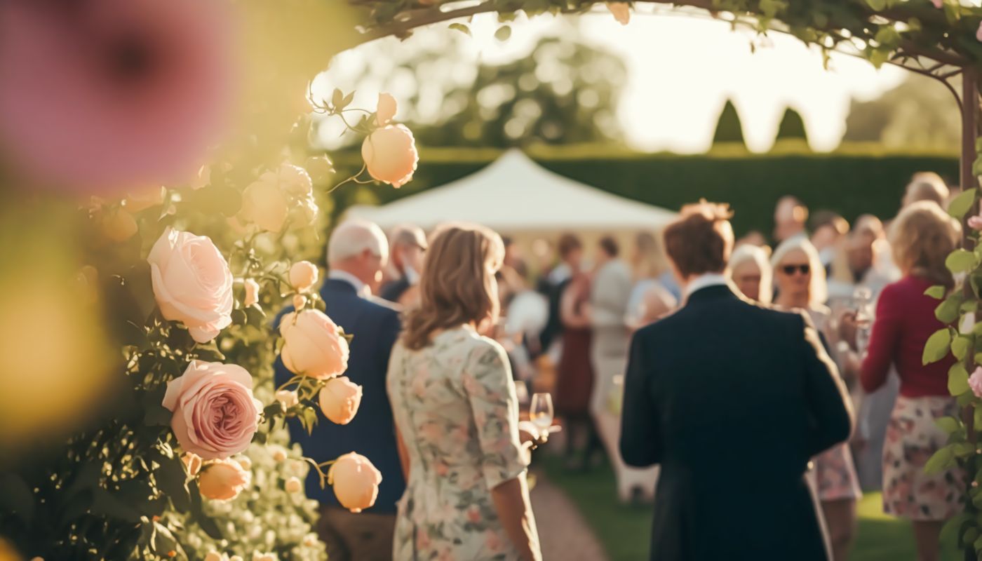 Guests mingling at an elegant garden party