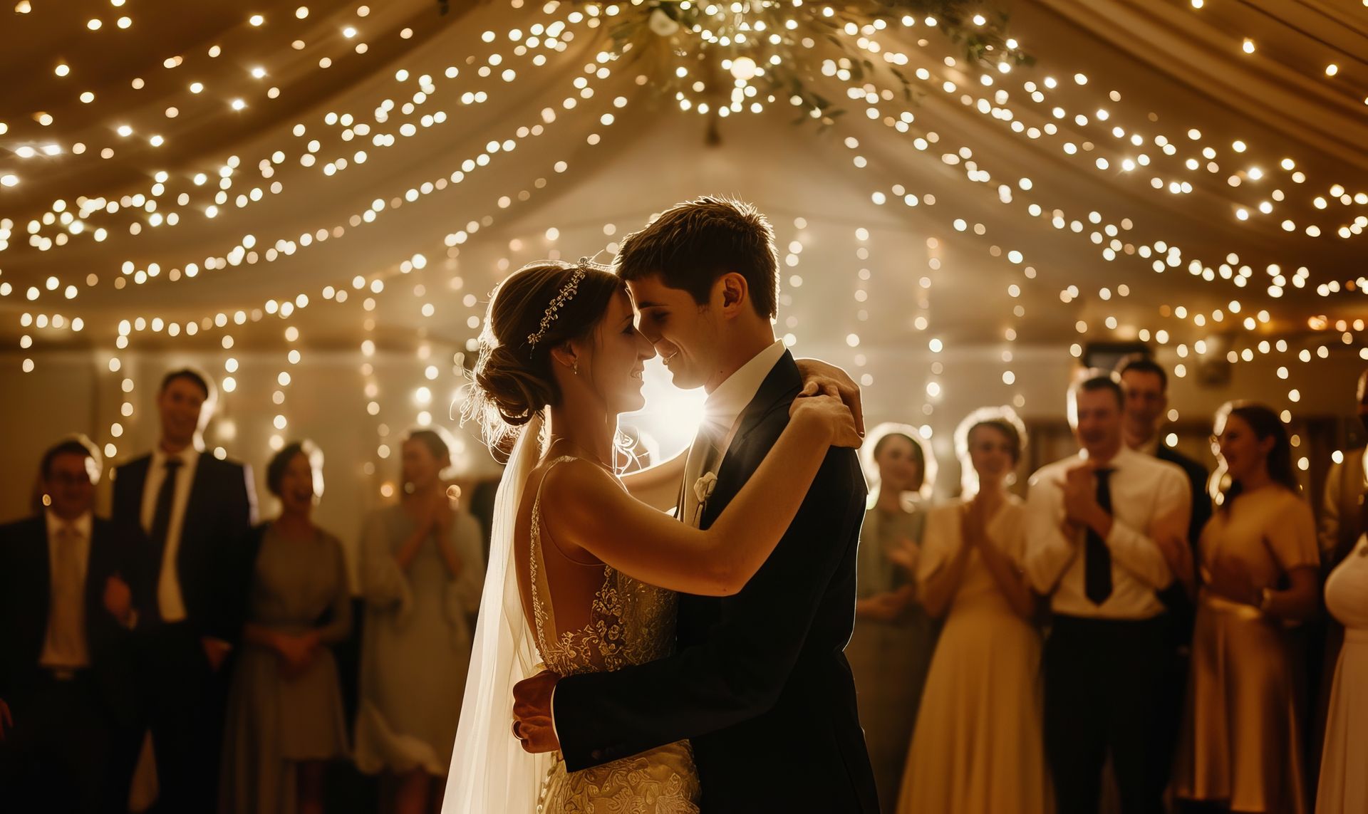 A couple's first dance under a canopy of fairy lights