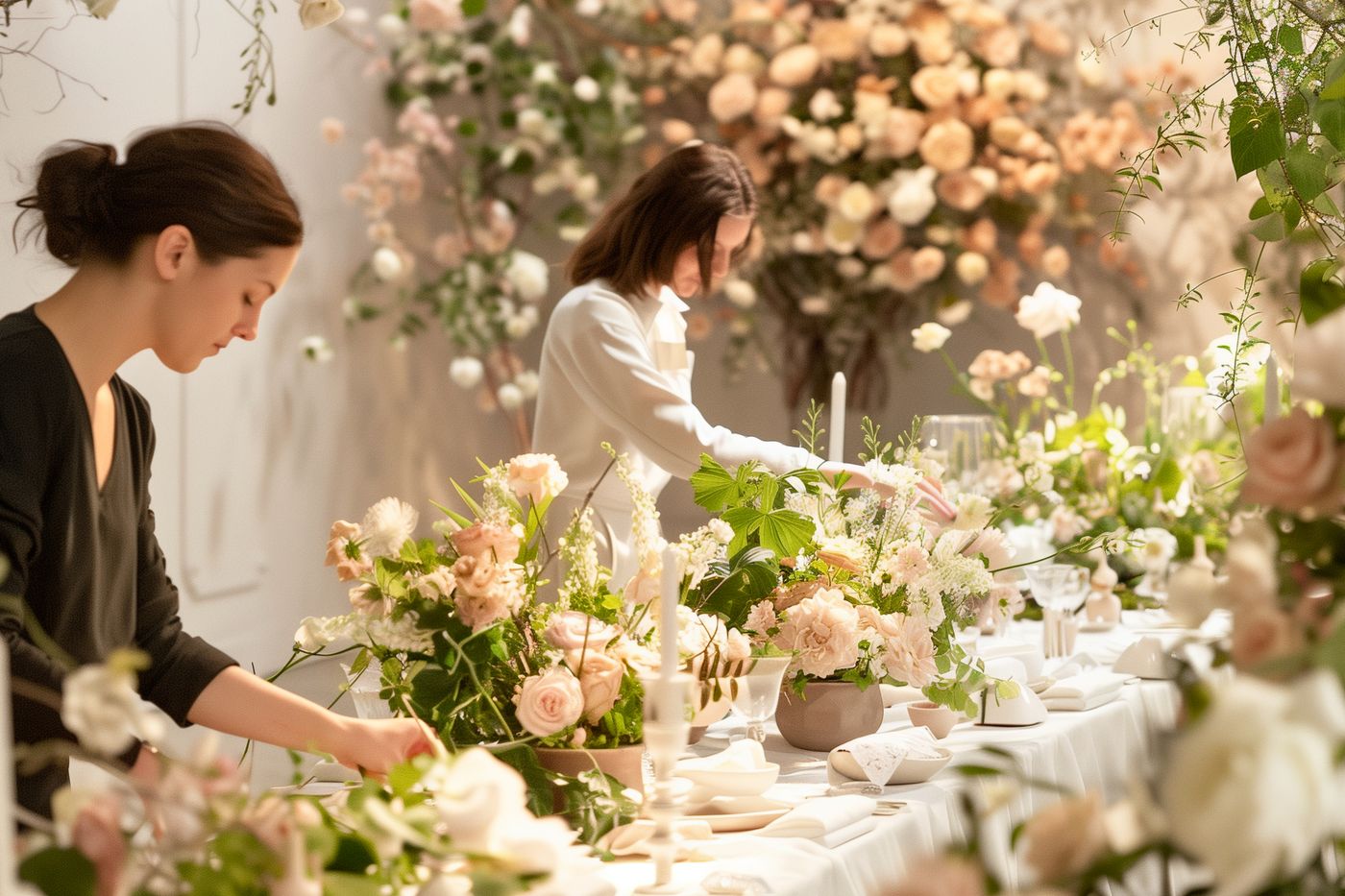 Florists styling a head table with fresh arrangements