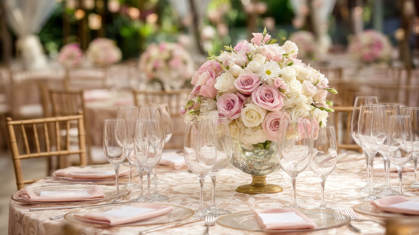 Elegant styled reception table with rose centerpiece