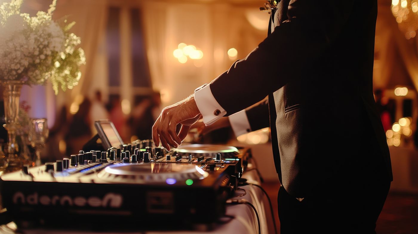 Elegant ballroom DJ setup at a corporate gala