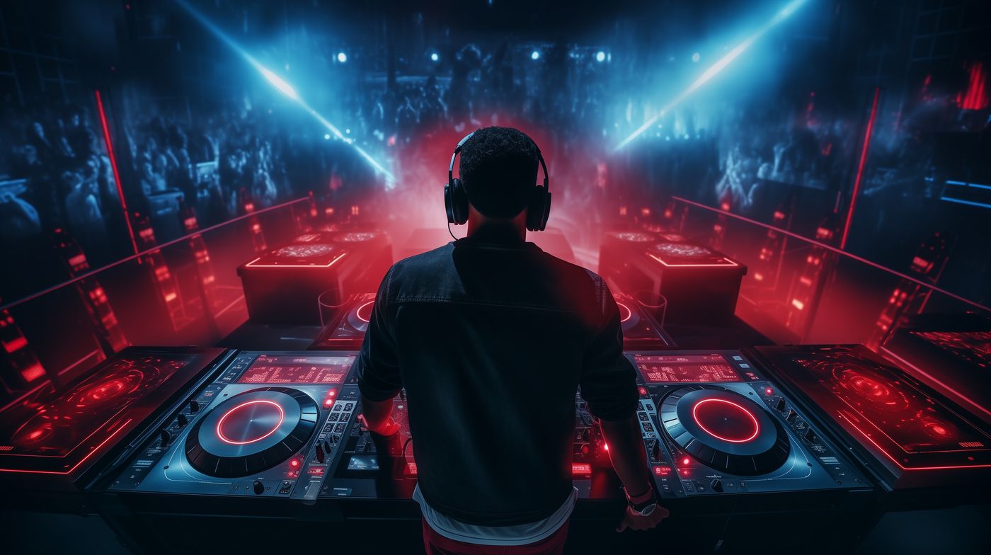 Dramatic red and blue dance-floor lighting over a DJ booth